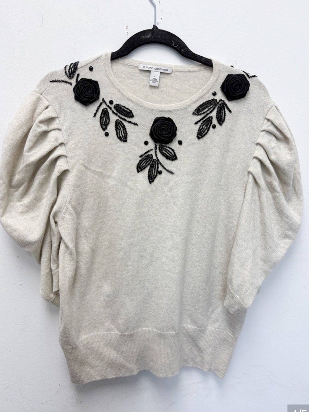 Autumn Cashmere Cream Cashmere Sweater with Black Rosette Embroidery